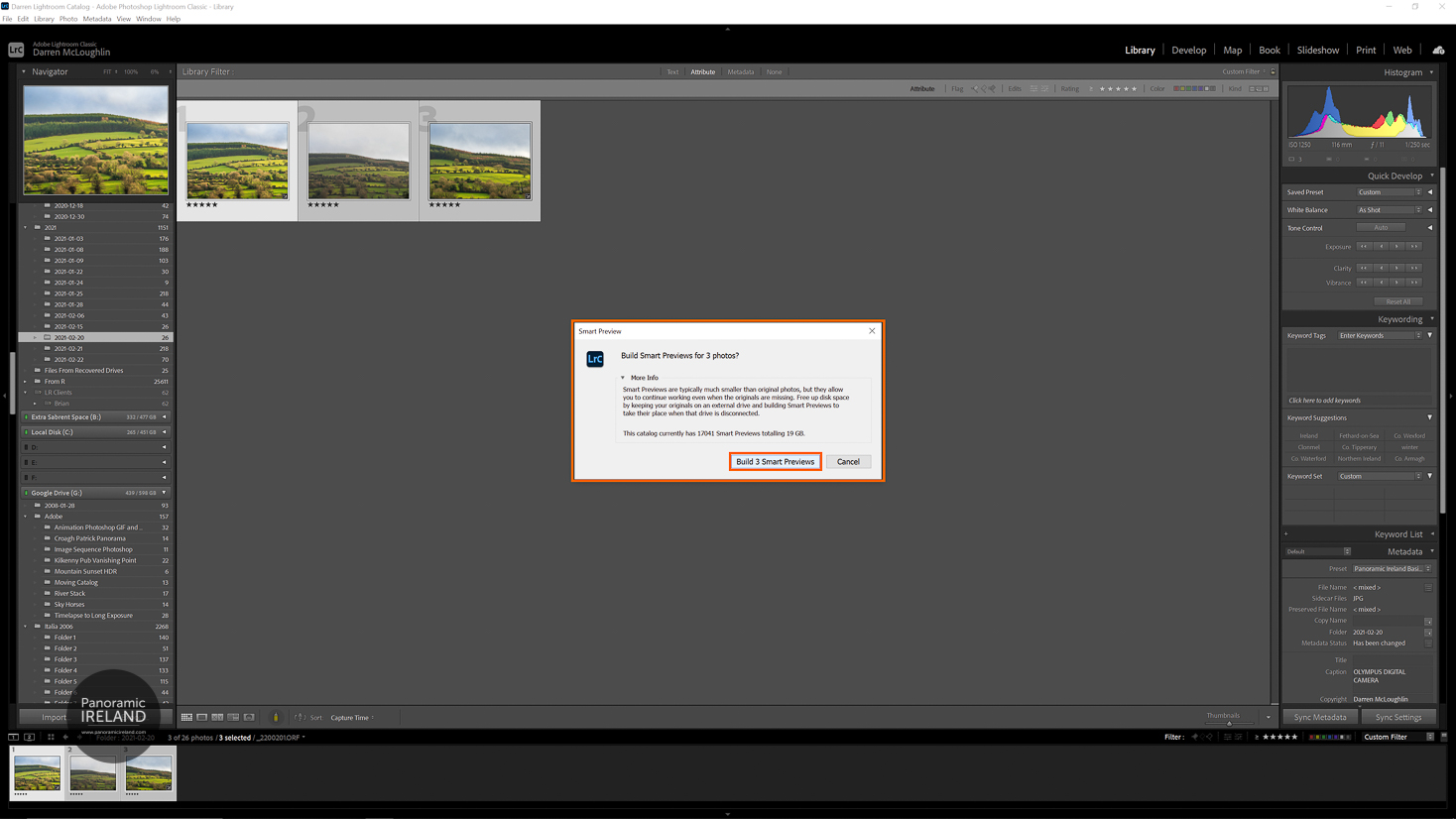 Adobe Lightroom Library Module Create Smart Previews Confirm for Multiple Images