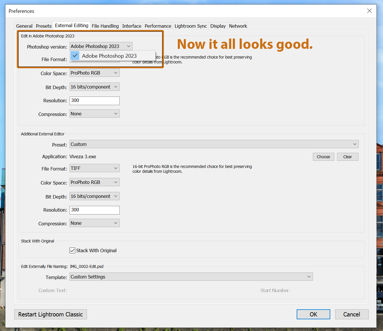 Adobe Lightroom External Editor now shows Adobe Photoshop 2023