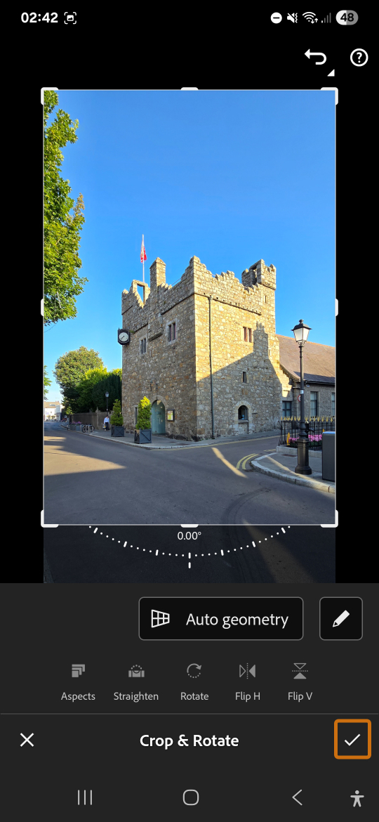 Cropping an image of Dalkey Castle in Adobe Lightroom Mobile