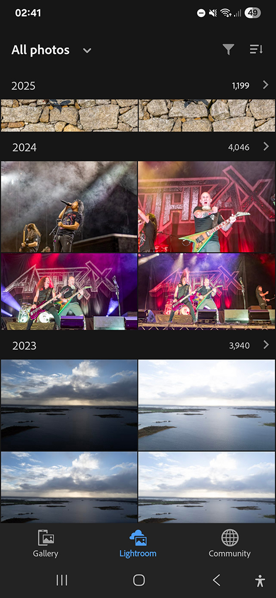 Adobe Lightroom Mobile home screen with the Gallery option highlighted at the bottom