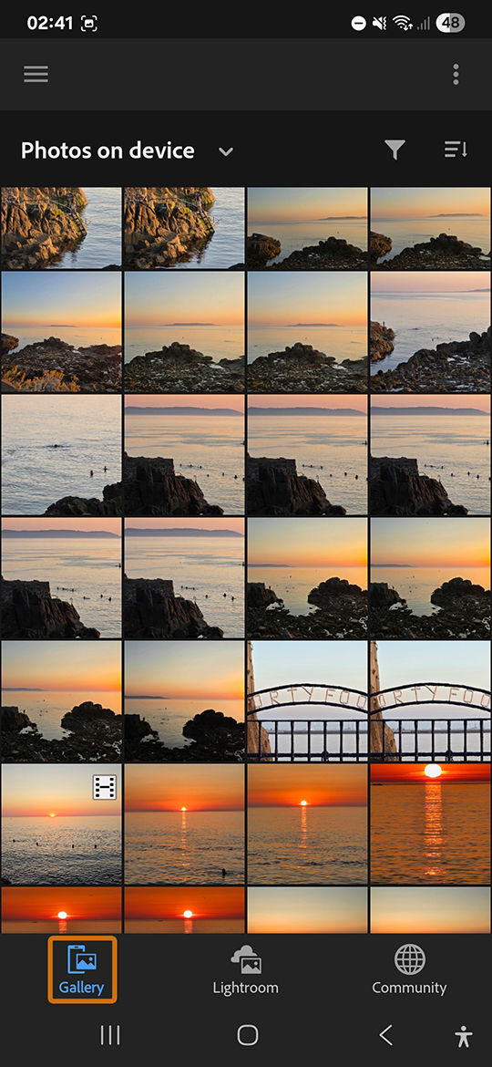 Lightroom Mobile device gallery showing photos stored on the phone