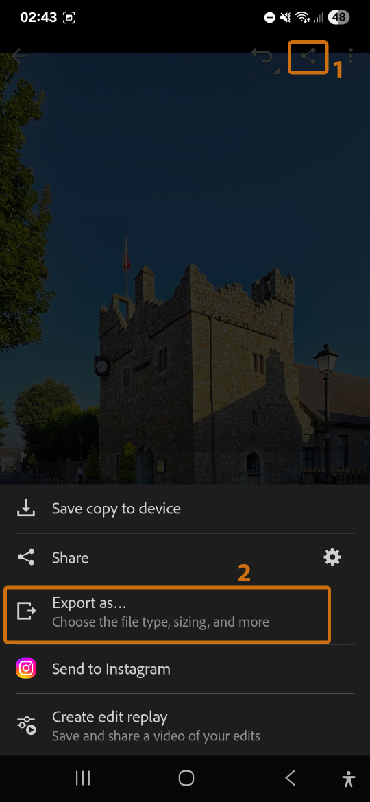 Share icon in the top right of Adobe Lightroom Mobile after editing