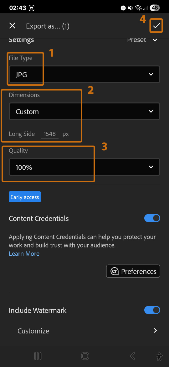 Export settings in Lightroom Mobile showing long edge size, quality and file type