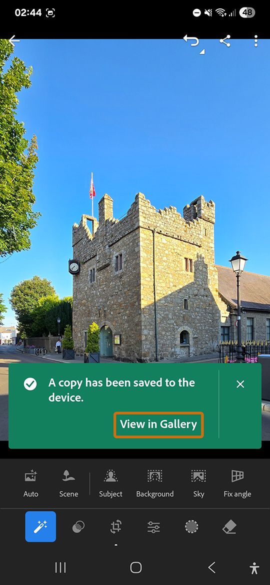 Exported photo confirmation in Adobe Lightroom Mobile after saving to the device