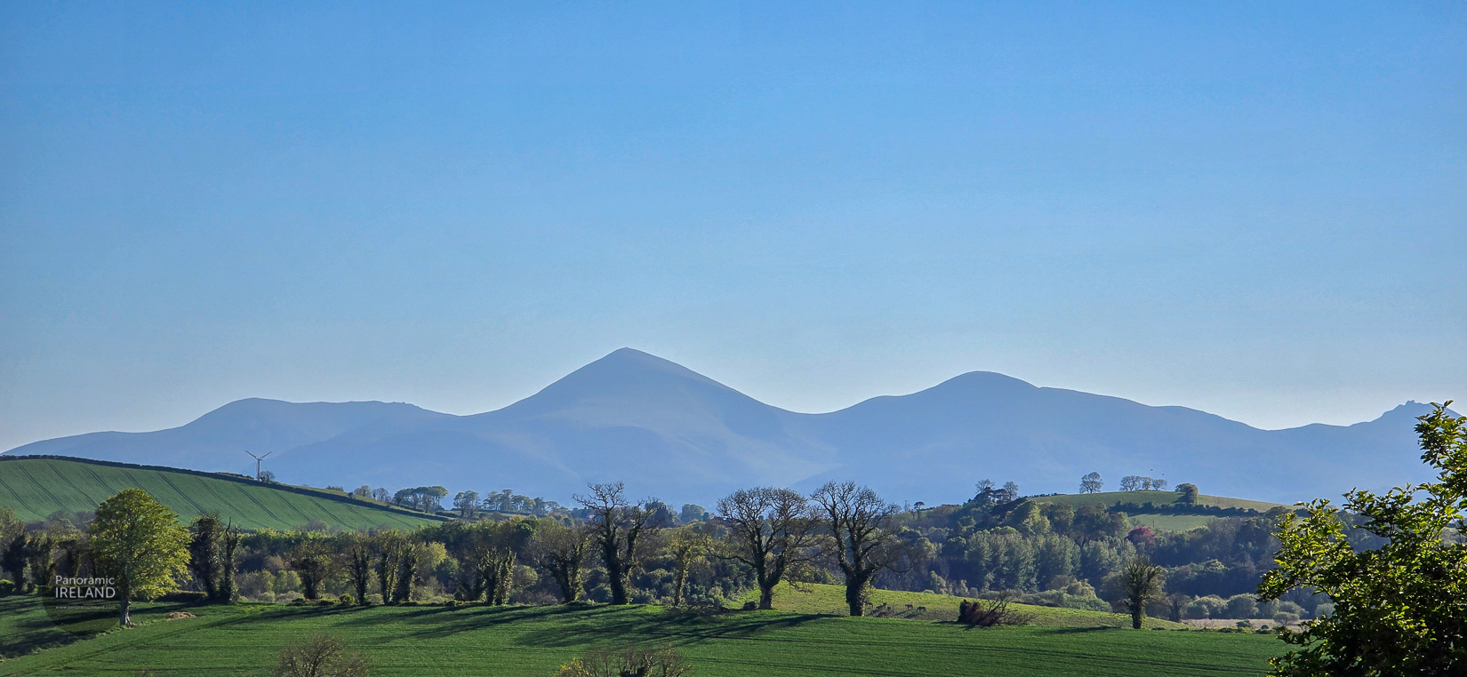 View across the County Down landscape towards the Mourne Mountains in County Down