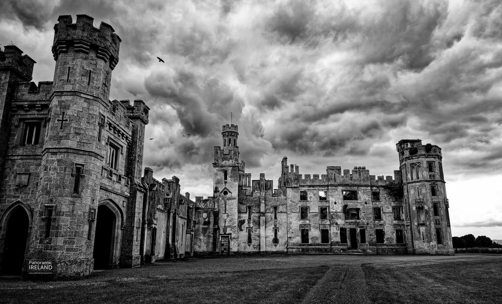 A foreboding sky over Duckett’s Grove, County Carlow — ruined Gothic towers under dark cloud
