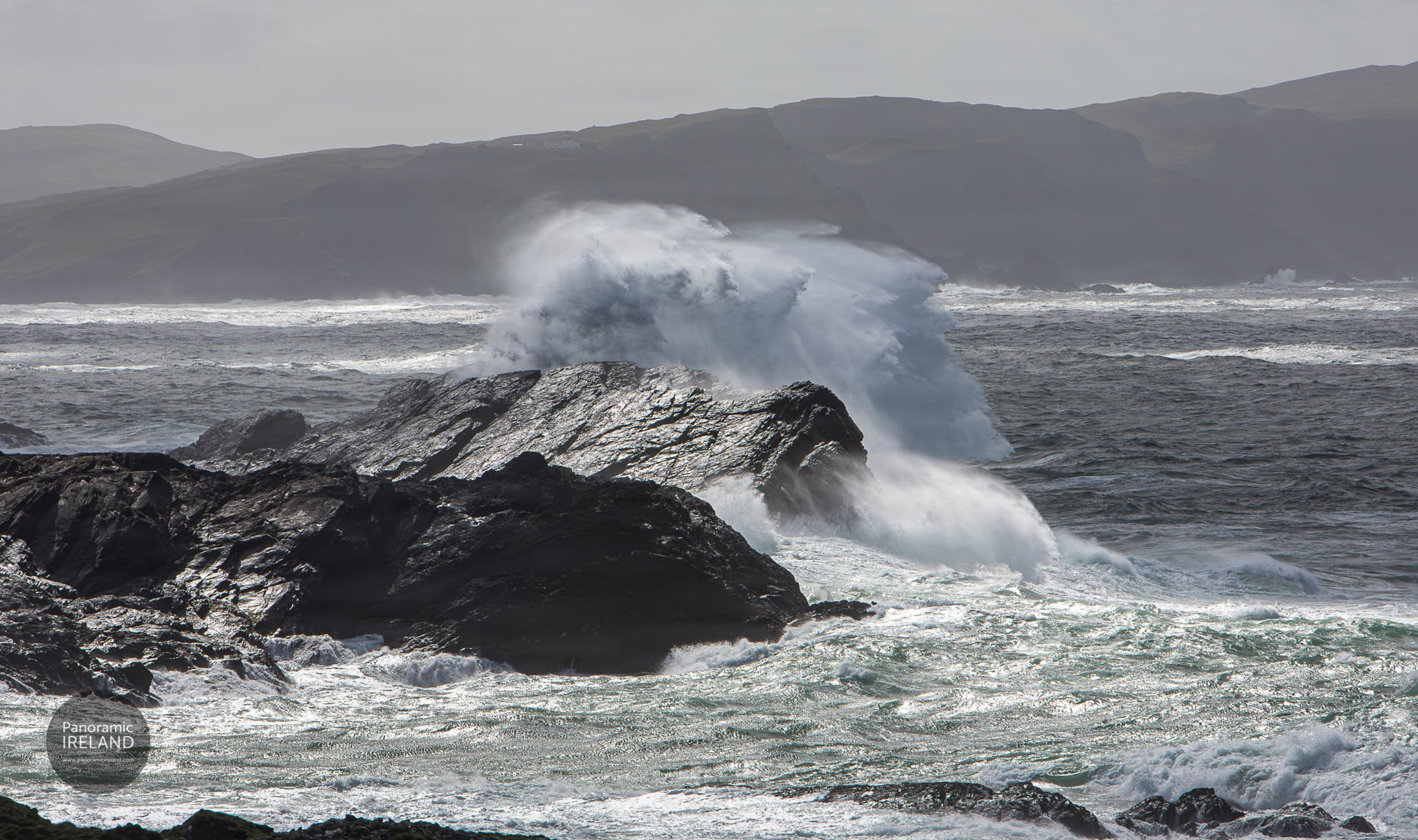 Crashing waves on a stormy Atlantic coast in County Mayo, Ireland, September